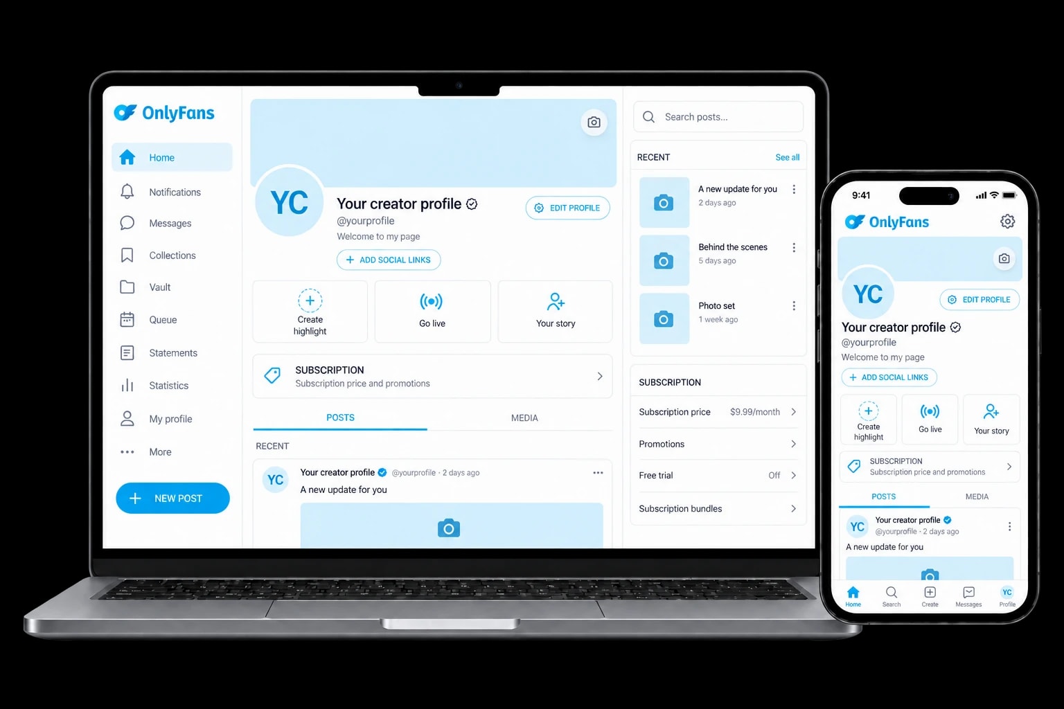 Illustrative OnlyFans creator profile displayed on a laptop and phone.